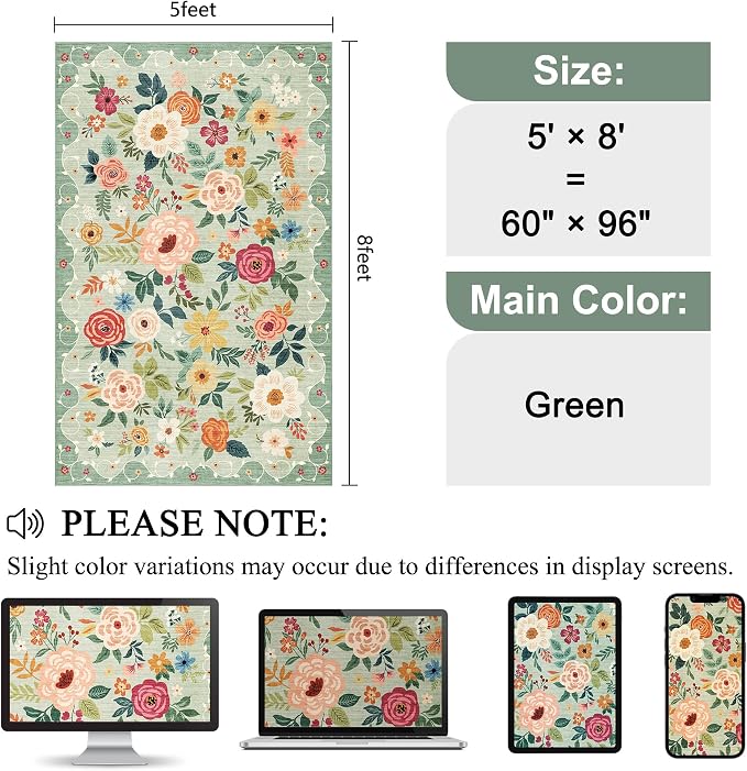 DUKINO Washable 5x8 Area Rug for Living Room, Lightweight Non Slip Floral Bedroom Rug with Non Shedding Design, Soft Low Pile Large Indoor Carpet for Dining Room, Kids Playroom, Nursery, Office, Green