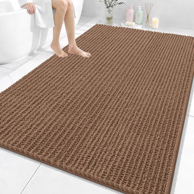 OLANLY Bathroom Rug Mat 70x46, Thick Soft and Absorbent Chenille Bath Mat, Non-Slip Rubber Backing, Machine Washable Quick Dry Bath Rugs for Tub Shower Floor, Home Decor Accessories, Mocha