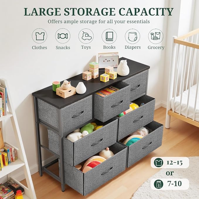 7-Drawer Dresser for Bedroom, Anti-Tip Wide Storage Organizer Fabric Chest of Drawers TV Stand for 45" TV with Wooden Top and Metal Frame for Closet, Living Room, Hallway, Entryway, Gray