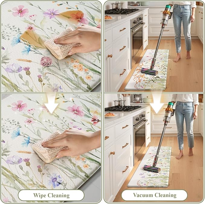 KIMODE Anti Fatigue Kitchen Mat for Floor, Farmhouse Floral Kitchen Rugs Sets of 2, Kitchen Floor Mats Non-Slip, Cushioned Standing Mat for Sink, Laundry, Desk, Home White 17"x47"+17"x29"