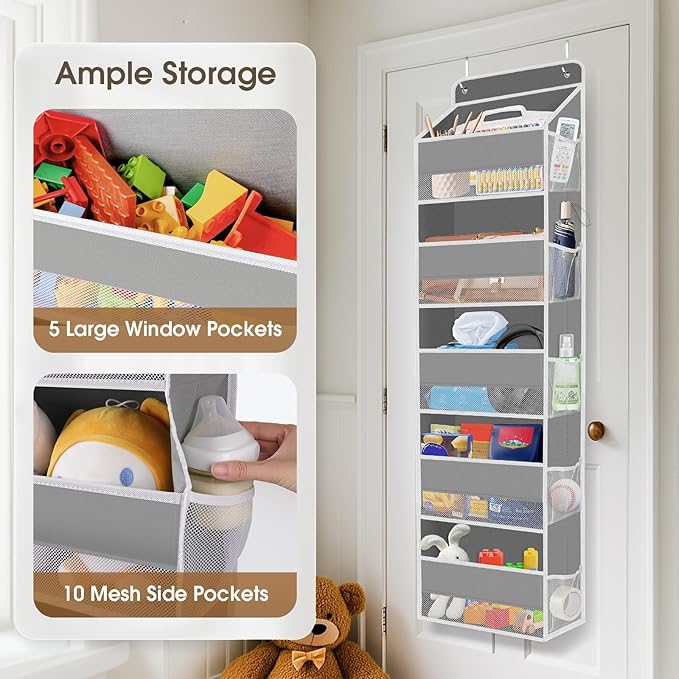 SpaceHacks 2 Pack Over The Door Organizer, Hanging Storage Organizer with Clear Window, 40lb Ultra Sturdy Large Capacity Room Organizer for Pantry Laundry Bathroom Nursery Closet (Grey)