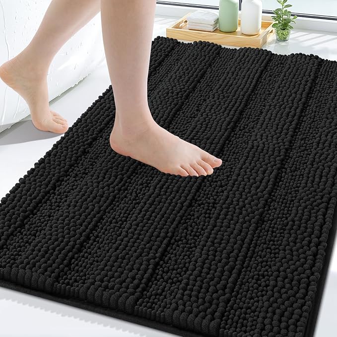 Grandaily Chenille Striped Bathroom Rugs 40x32, Extra Thick and Soft Absorbent Bath Mats, Rubber Backing, Plush Shaggy Shower Carpet, Machine Wash Dry, Bath Rug for Bathroom, Deep Black