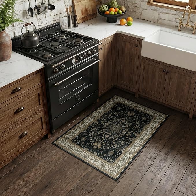 RELEANY Area Rugs 3'x4' Washable Non-Slip, Floral Vintage Distress Medallion Carpet for Living Room Bedroom Dining Room, Vintage Black Brown Neutral