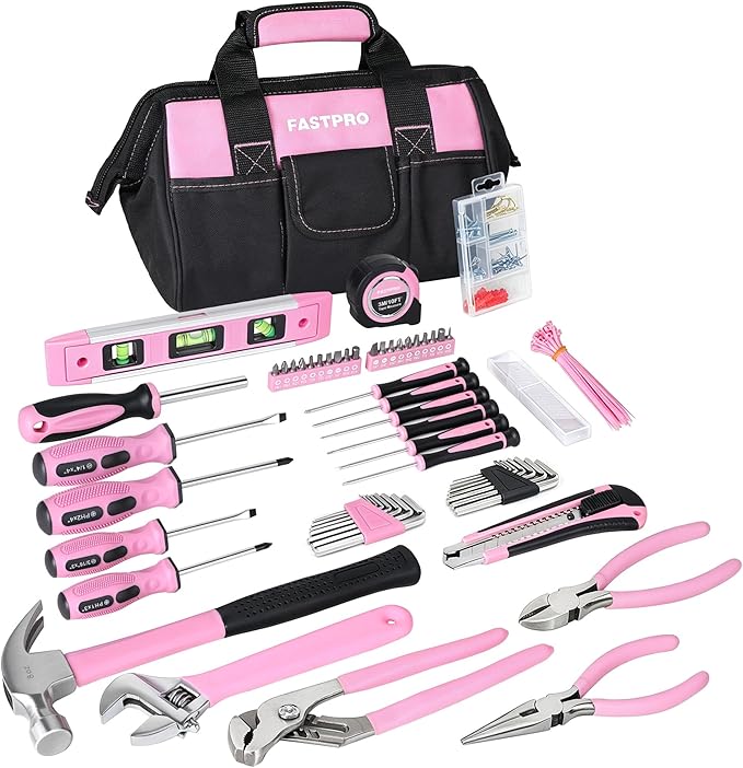 FASTPRO 215-Piece Pink Tool Set, Home Repairing Tool Set with 12-Inch Wide Mouth Open Storage Bag, Household Hand Tool Kit, Pink