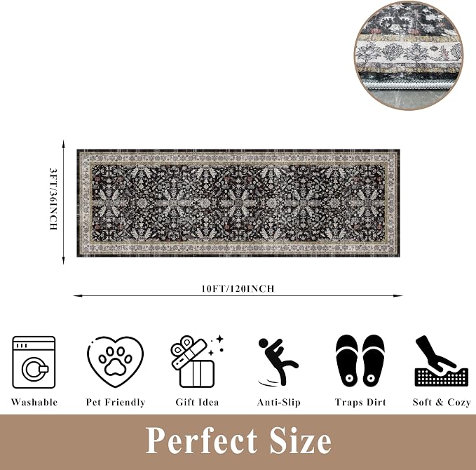 3x10 ft Long Kitchen Runner Rug – Non-Slip Washable Hallway Carpet Runner with Rubber Backing, Boho Floral Low Pile Thin Wide Runners for Entryway Indoor（Black,3x10）