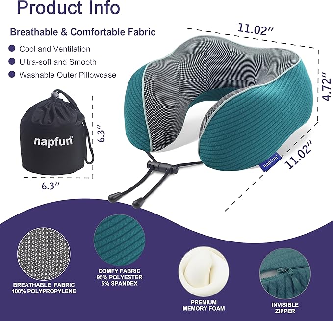 napfun Neck Pillow for Traveling, Upgraded Travel Neck Pillow for Airplane 100% Pure Memory Foam Travel Pillow for Flight Headrest Sleep, Portable Plane Accessories, Teal
