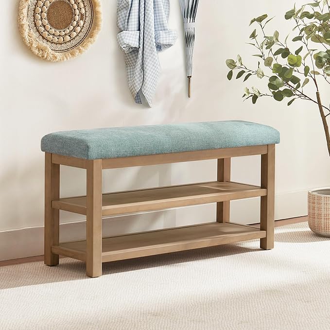 Zihanhome Shoe Rack Bench with Cushion, 2 Tier Solid Wood Storage Bench, Mid-Century Modern Shoe Bench for Entryway, Hallway, Closet, Front Door Entrance, Foyer (Teal, 39.4")
