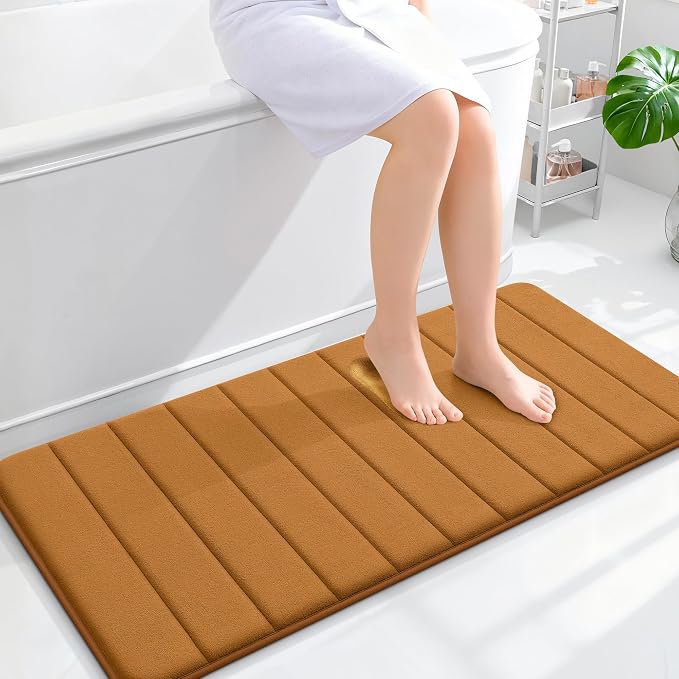 OLANLY Memory Foam Long Bathroom Rugs Runner 44x20, Super Soft Absorbent Bath Mat, Quick Dry, Machine Washable Shower Floor Rugs, Bathmat Carpet, Bathroom Home Decor Accessories, Ochre
