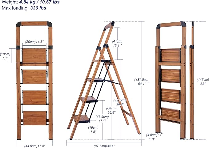 Step Ladder 4-Step Woodgrain Finish Aluminum Folding Ladders