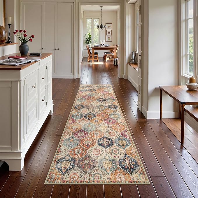 Lahome Moroccan Washable Kitchen Runner, 2x7 Runner Rug with Rubber Backing Non Slip, Vintage Hallway Rug Throw Carpet for Hallways Bedroom Laundry Room Entryway Elise, Cream/Multi