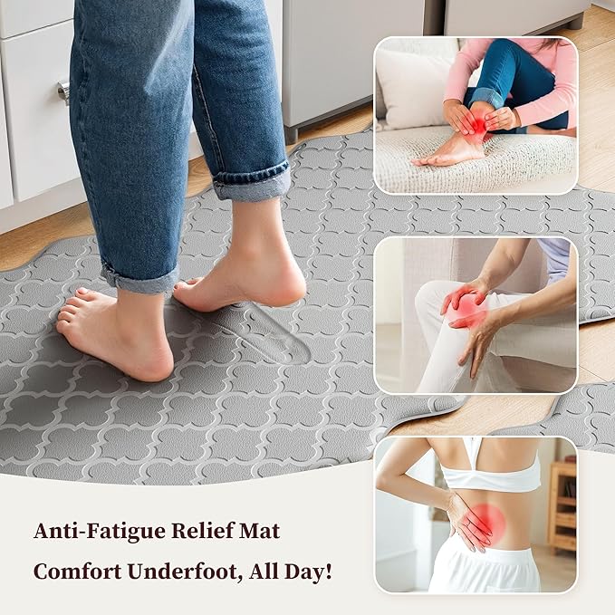 Arenarug Upgrade Scalloped Embossed Kitchen Mats for Floor 2PCS Cushioned Anti Fatigue Waterproof Foam Kitchen Rugs Non Slip Washable Comfort Standing Mat for Sink Laundry, 17.3"x30"+17.3"x59", Grey