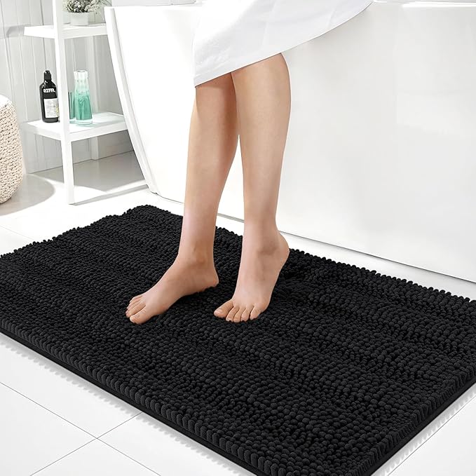 OLANLY Thick Large Bathroom Rugs 40x24, Extra Soft Absorbent Chenille Striped Bath Rugs, Rubber Backing, Machine Wash Dry, Bath Mats for Bathroom Floor, Tub and Shower, Home Decor Accessories, Black