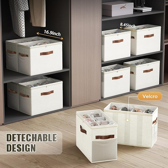 Budding Joy 2 Pack Shoe Organizer for Closet, Clear Foldable Shoe Storage Containers Adjustable Dividers Fits 16 Pairs,Shoe Storage Bins Baskets Boxes with Reinforced Handles Beige