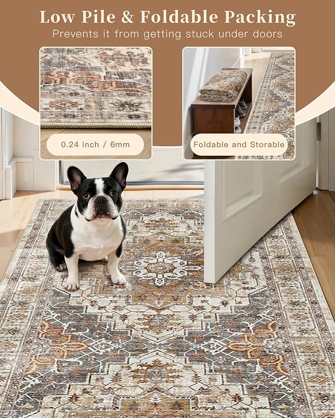 Madane Runner Rug 2'6''x8' Kitchen Runner, Hallway Runner Printed Vintage Washable Rugs Soft Non-Slip Low Pile 2.5x8 ft Runners for Hallways Laundry Room Rug Distressed Rug, Turmeric/Grey