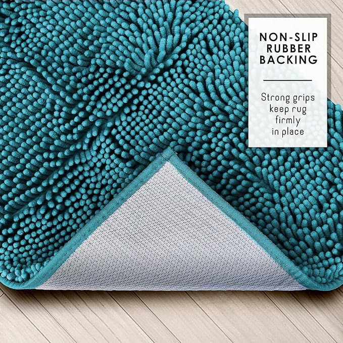 Hearth & Harbor Bathroom Rugs, Chenille Bath Mat - Machine Washable Bath Mats for Bathroom Non-Slip Backing Rubber, Quick Dry Bathroom Mat - Teal 24x36