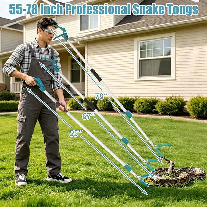 78" Extendable Snake Tongs, Professional Heavy Duty Aluminum Alloy Snake Reptile Catcher Grabber Tool with Wide Jaw, Locking Design & Non-Slip Comfortable Grip - Outdoor Safe Rattlesnake Handling Tool