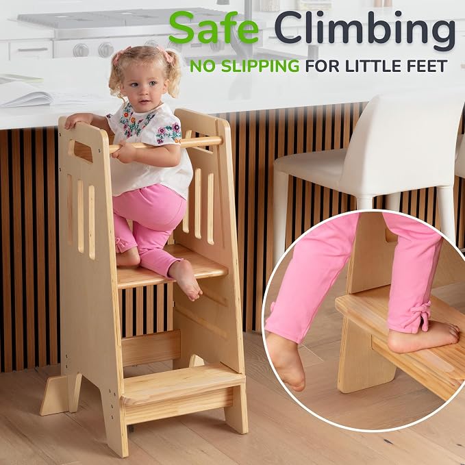 OCODILE Toddler Tower with a Sliding Door and 3 Adjustable Heights - Safe Toddler Kitchen Step Helper with Support Feet - Updated Design for 18+ Months to 6-Year-Old Kids - Varnished