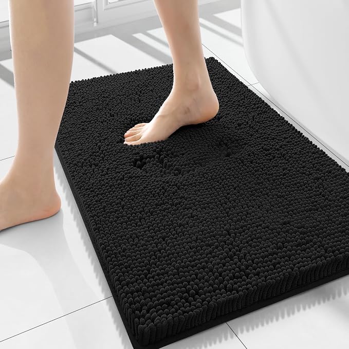 Smiry Luxury Chenille Bathroom Rugs 59x20, Extra Soft and Absorbent Shaggy Bath Mat, Machine Washable, Non-Slip Plush Carpet Runner for Tub, Shower, and Floor, Home Decor Accessories, Black
