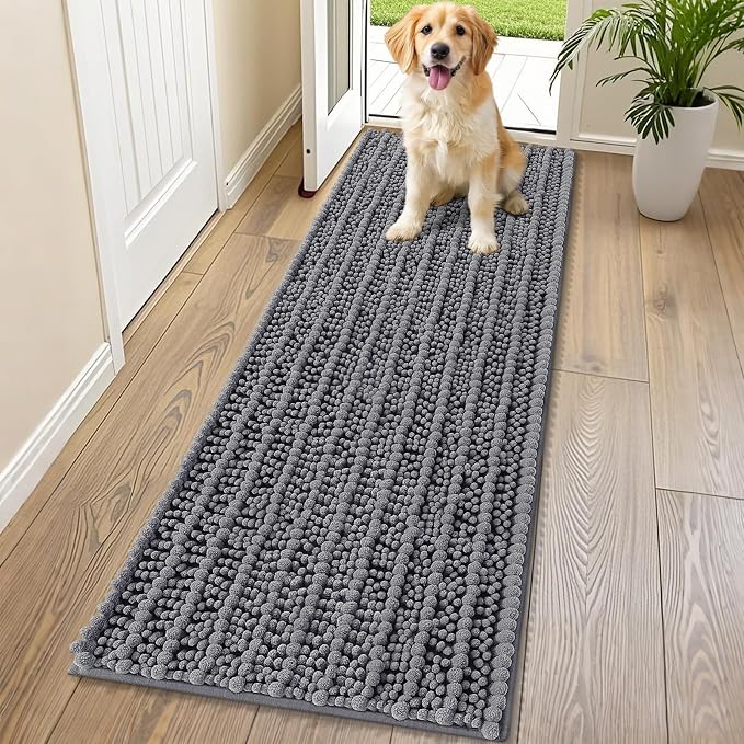 Smiry Dog Door Mat for Muddy Paws 70x24, Absorbent Dirt Trapper, Non-Slip Washable Chenille Entryway Rug for Inside Floor, Dark Grey, Layered Pattern