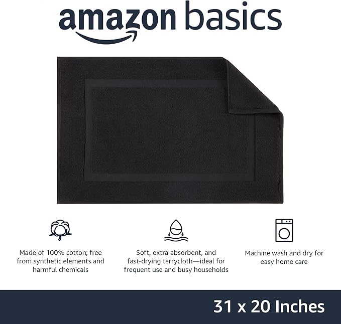 Amazon Basics Banded 100% Cotton Machine Washable Bathroom Bath Rug Mat, 31" x 20", Black