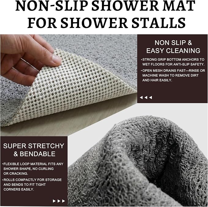 Corner Shower Mat Non Slip, 28x 28 Inches Triangular Bath Mats for Inside Shower, Soft PVC Loofah Bath Mat Without Suction Cups, Shower Mats Quick Drying and Easy Cleaning