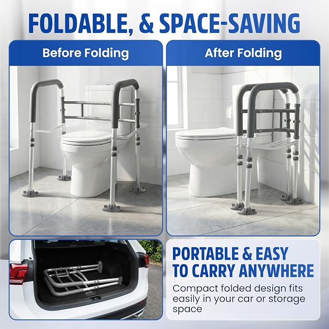 Toilet Safety Rails for Seniors 350lb, Adjustable Height & Width Toilet Bars for Elderly | Foldable Non-Slip Toilet Safety Frame, 4 Suction Cups & 4 Tips, Reinforced 2 C-Clamp – Fits Most Toilets
