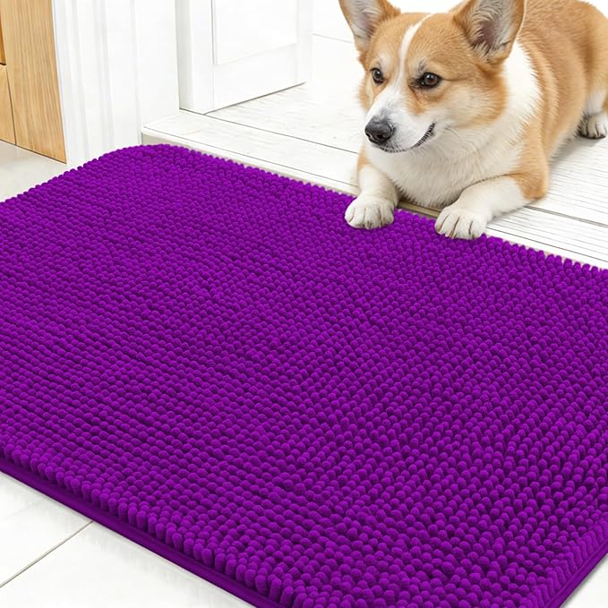 OLANLY Dog Door Mat for Muddy Paws 24x16, Absorbs Moisture and Dirt, Absorbent Non-Slip Washable Doormat, Quick Dry Chenille Mud Mat for Dogs, Entry Indoor Entryway Carpet for Inside Floor, Purple