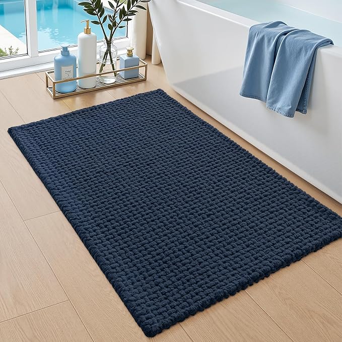 DEXI Bathroom Rugs 36x24, Non Slip Washable Bath Mat, Absorbent Chenille Bathmat, Ultra Soft Thick Carpet for Tub Shower Floor, Navy
