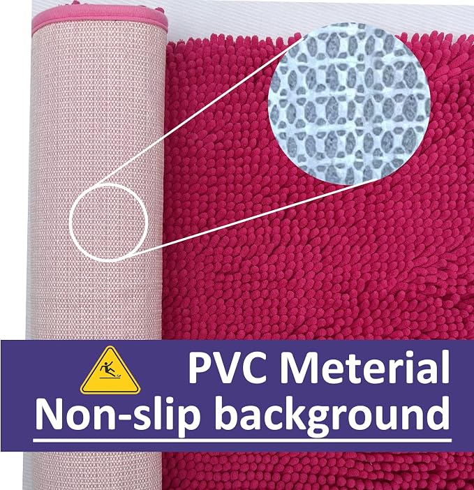 Deep Pink Plush Bath Set - 3 Piece Anti-Slip Mats, Soft Chenille Shaggy Mat for Bathroom, Bedroom & Living Room, Water Absorbent