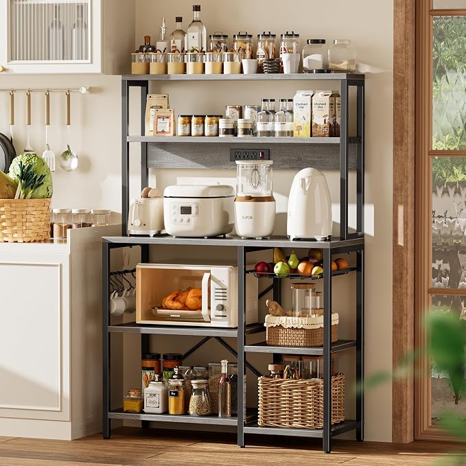 SUPERJARE Bakers Rack with Power Outlet, 35.4 Inches Coffee Bar with Wire Basket, Kitchen Microwave Stand with 6 S-Shaped Hooks, Open Storage Shelves, Charcoal Gray