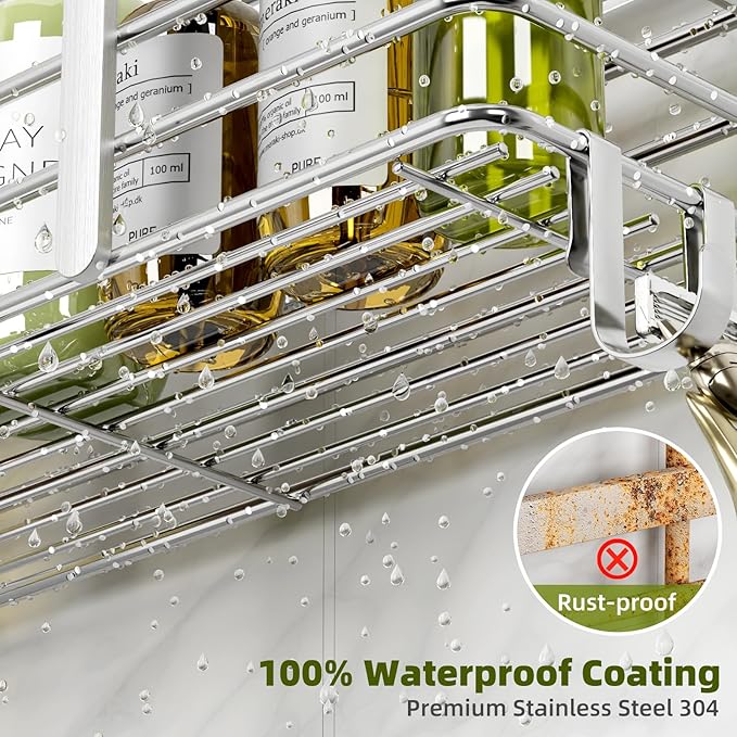 Yougai Shower Caddy, Shower Organizer with Soap Holder and Hooks, Rustproof Shower Shelves, No Drilling Bathroom Organizers and Storage, Wall-Mounted Kitchen & Home Decor (Silver)