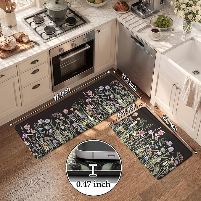 KIMODE Anti Fatigue Mats for Kitchen Floor 17"x47"+17"x29", Farmhouse Floral Kitchen Rugs Sets of 2, Cushioned Kitchen Floor Mats, Non Slip Standing Mat for Sink, Laundry, Office, Desk Black