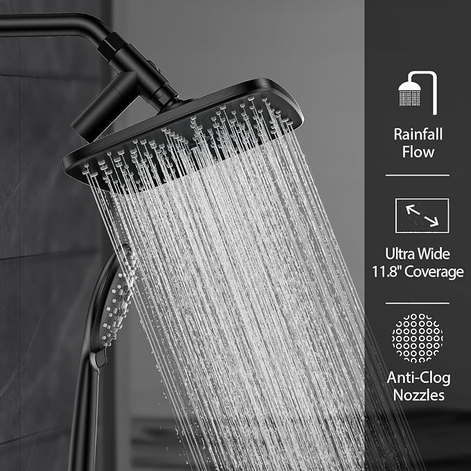 Veken 11.8 Inch Rectangle Rain Shower Head - Showerheads with 6 Modes Handheld Spray Combo - Wide Rainfall shower with 70" Hose - 1.8gpm Dual Showerhead with Anti-Clog Nozzles - Matte Black