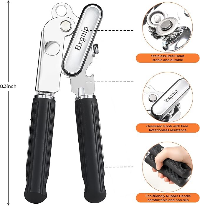 Can Opener Manual Heavy Duty Stainless Steel Smooth Edge with Magnet Large Effort Saving Knob Soft Grip Handle for Arthritis Elderly with Bottle Opener Kitchen Tool Black