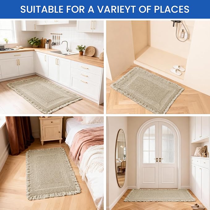 Waffle Bath Mat - Non Slip Bathroom Rugs - Washable Super Absorbent & Quick Dry Bath Mats with Tassels for Hallway Bedroom Laundry Room,20" x 32",Brown