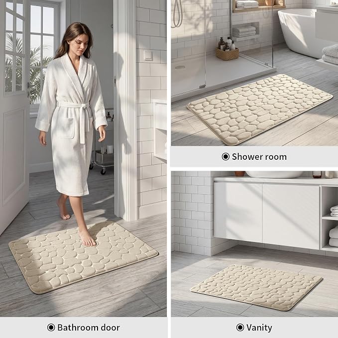 YIHOUSE Memory Foam Runner Rug, Cobblestone Bathroom Runner Rugs Super Water Absorbent Bath Mats for Bathroom Machine Washable Bath Rugs for Hallway Bedroom Laundry Room(24 x47,Khaki)