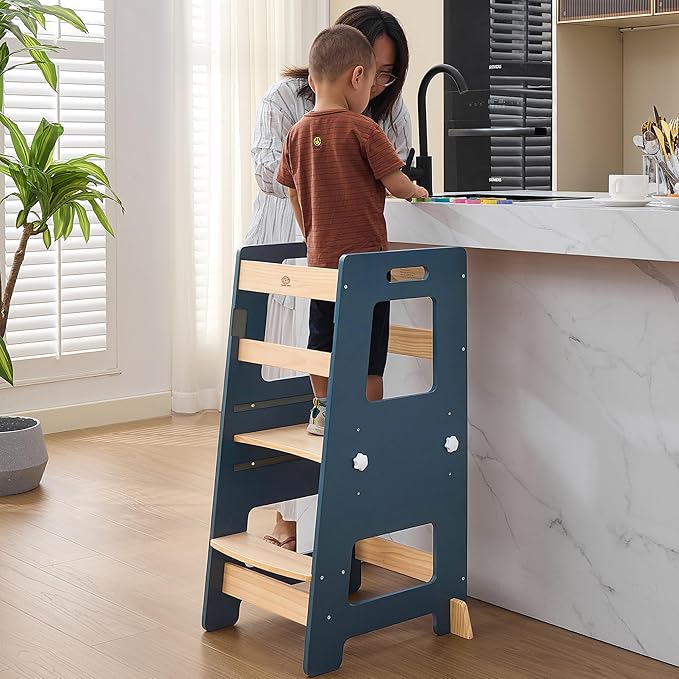 WOOD CITY Kitchen Step Stool - Safe Montessori Standing Tower for Kids with Safety Rail, Height Adjustable Toddler Ideal Helper for Learning New Skills, Anti-Slip Protection for Bathroom - Deep Blue
