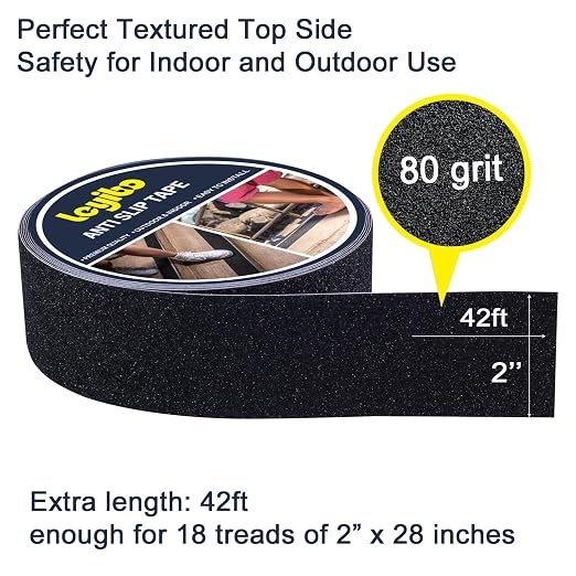 Anti Slip Tape, 2 Inch x 42 Ft Grip Tape for Stairs Outdoor/Indoor, Waterproof Non Skid Roll for Stair Treads Non Slip, High Traction Friction Abrasive Adhesive Stair Steps - Black