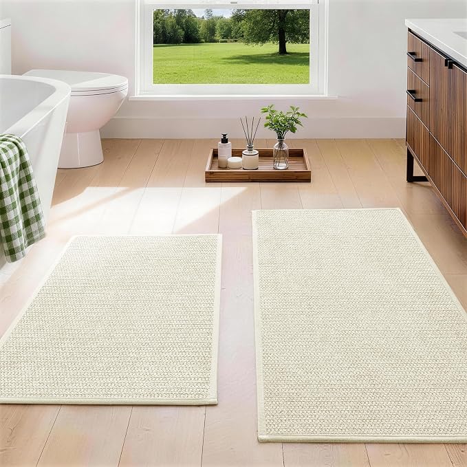 YIHOUSE Beige Bathroom Rugs Sets 2 Piece, Quick Dry Thin Bath Mat, Non Slip Absorbent Machine Washable, Bath Rugs for Bathtub Sink Home Decor (17"x24" + 17"x32")