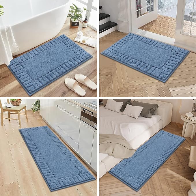 Pauwer Bathroom Rugs Sets 3 Piece Bathroom Shower Rugs with U-Shaped Contour Toilet Mat Absorbent Microfiber Plush Bath Mats Non Slip Bath Rugs Machine Washable Shaggy Bath Mat Set, Blue