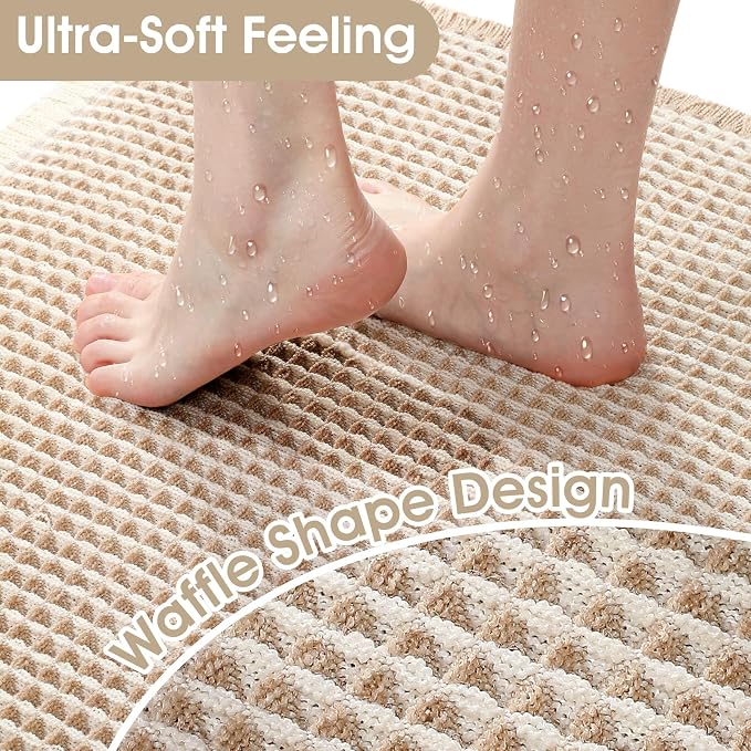 Upgrade Waffle Bath Mat, Boho Bathroom Rugs Absorbent Non Slip, Ultra Soft Bathroom Mat, Machine Washable Knit Bath Rugs with Stripe for Bathroom, Bedroom, Kitchen, Shower,Tub, 24"x17", Beige & White
