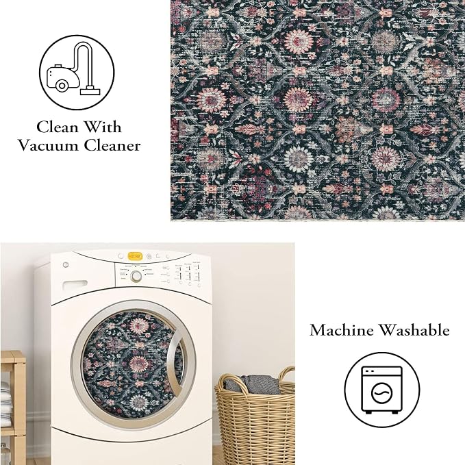 Lahome Moroccan Trellis Washable Rug, 2x3 Entryway Rugs for Kitchen Bathroom, Non-Slip Indoor Door Mat Ultra-Thin, Small Oriental Throw Carpet for Bedroom Entry Elise, Black/Multi