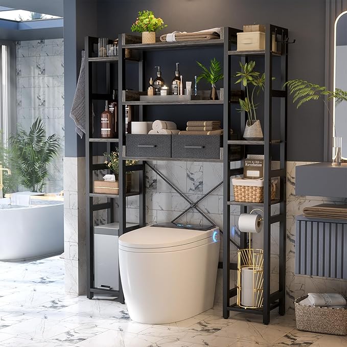 Besiost Over The Toilet Storage, 11 Tier Bathroom Organizer with Dual Side Racks and 2 Fabric Drawers, Adjustable Freestanding Rack Space Saver for Small Spaces, Grey Oak