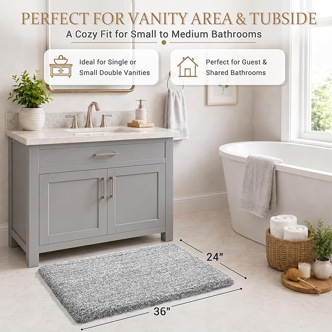 Yimobra Bathroom Rugs Non Slip Washable 36X24, Ultra Soft and Water Absorbent Bath Mats, Plush Fluffy Shower Mat Outside, Luxury Microfiber Thick Matts for Bathroom Floor/Tub, Light Gray and White