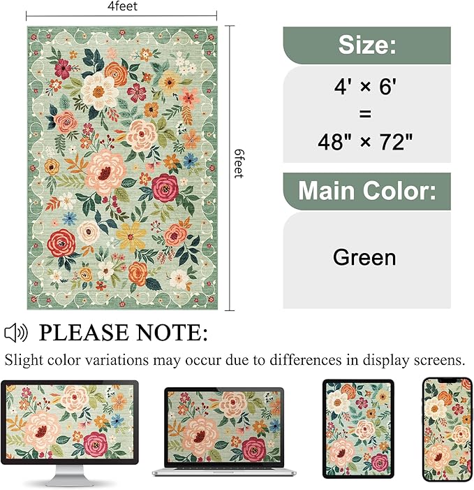 DUKINO 4x6 Area Rug, Floral Rugs for Living Room, Lightweight Non Slip Washable Rug, Indoor Low Pile & Non-Shedding Boho Design Rugs for Bedroom, Living Room, Dining Room, Green