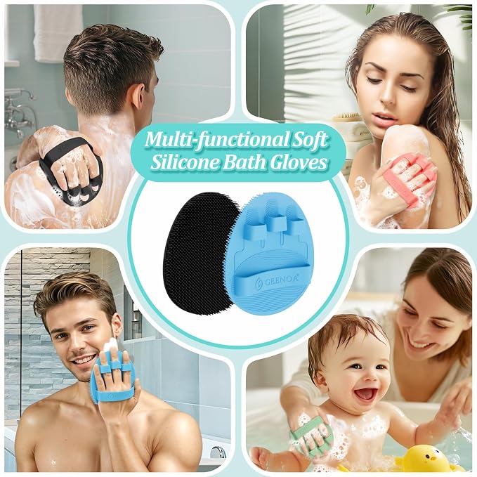 Silicone Back Scrubber & Bath Glove Set 2PCS, 13.4'' Gentle Shower Back Scrubber with Dual-Side Head Non-Slip Handle, 360° Anti-Slip Hand-fit Bath Glove for Rich Foaming Deep Cleaning(Blue)