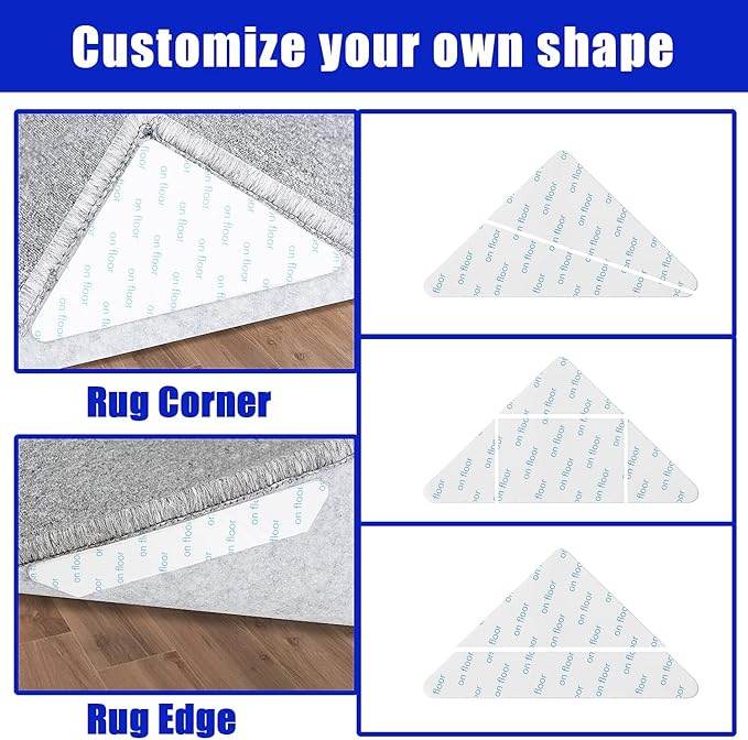 12Pcs Rug Tape, Dual Sided Washable Removable Prevent Curling Corner Carpet Holder, Keep Rug in Place Non Slip Adhesive Rug Stickers,Hardwood Floors and Tile
