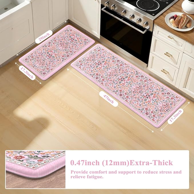 Collive Kitchen Mats for Floor, Cushioned Anti Fatigue Mat Pink Floral Rugs 2 Piece Non Skid Waterproof Sink Rug, Memory Foam Comfort Standing Mat for Office, Laundry, Desk