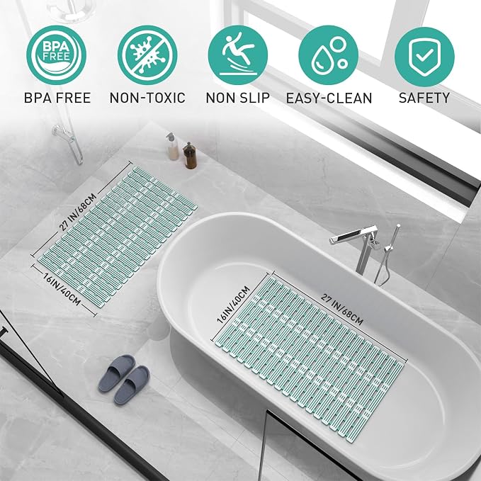 XIYUNTE Shower Mat Non Slip Bath Mat for Tub - 27 X 16 Inch TPE Bathtub Mat Non Slip Shower Mats for Inside Shower, Bath Tub Mat with Powerful Suction Cup, Easy to Cut and Dry, Green