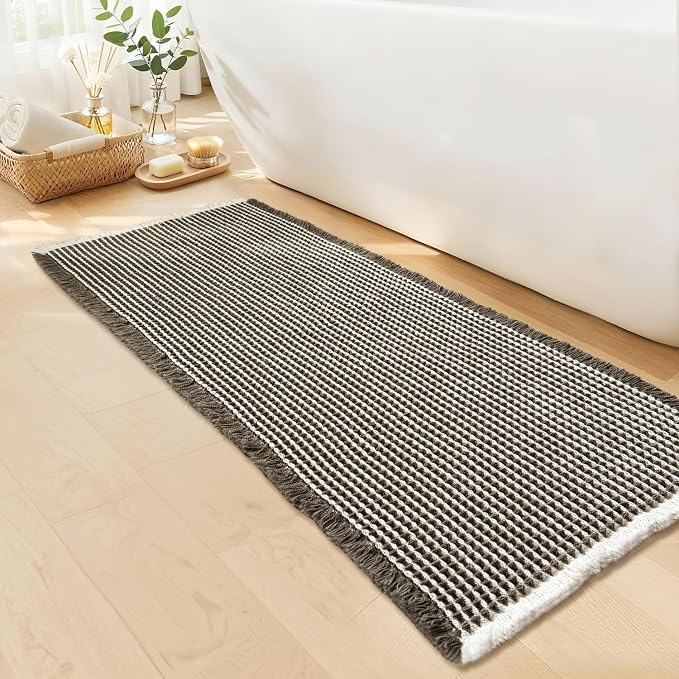 Waffle Bath Mat - Boho Bathroom Rugs Non Slip Washable, Super Absorbent & Quick Dry, Soft Bath Mat Farmhouse Bathroom Decor, 24'' x 48'', Olive Green and White